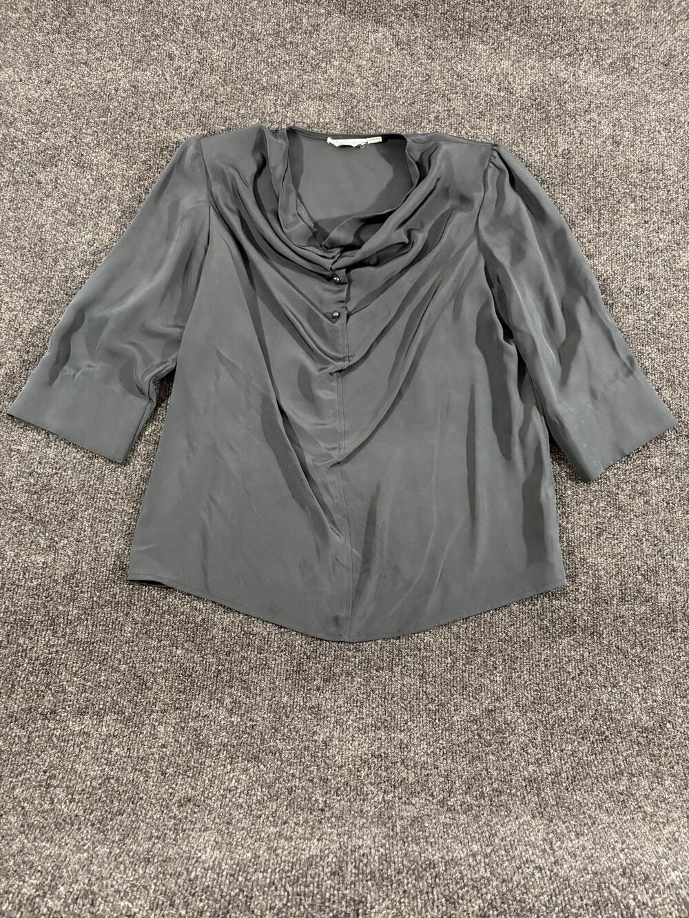 P.J. Ruggeri Blouse Womens 12 Gray Cowl Neck 3/4 Sleeve Satin Top Dressy